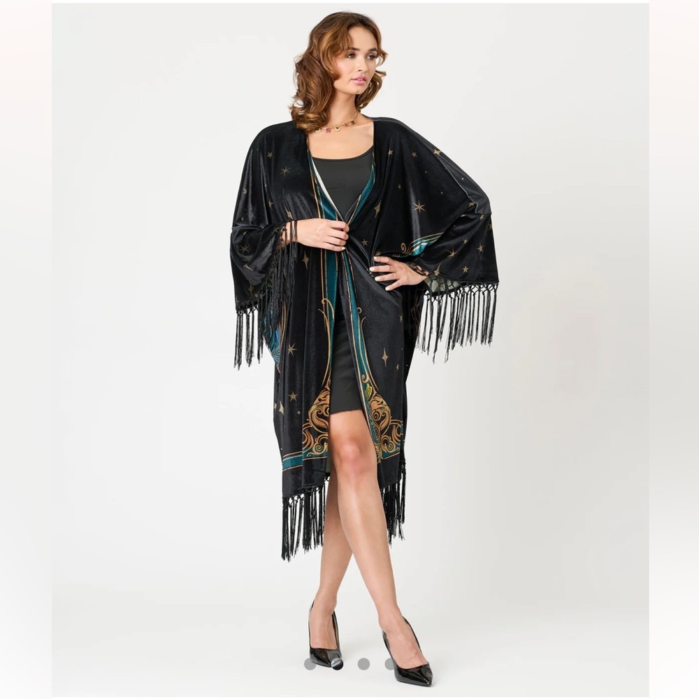 @amck1207 only!Unique Vintage Plus Size Black Art Noveau Fringe Kimono OSFM PLUS - Picture 2 of 4